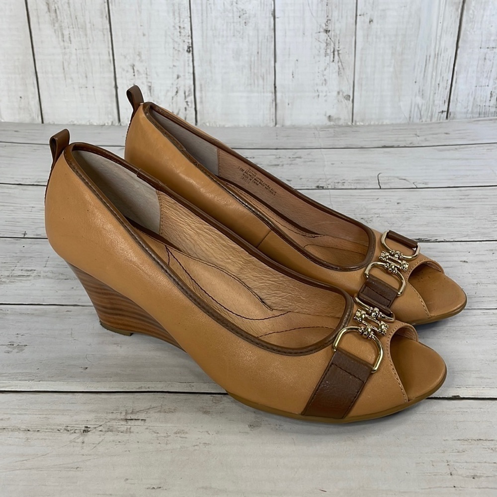 Sofft Brown and Tan Gold Accents Camira Leather Wedge Peeptoe